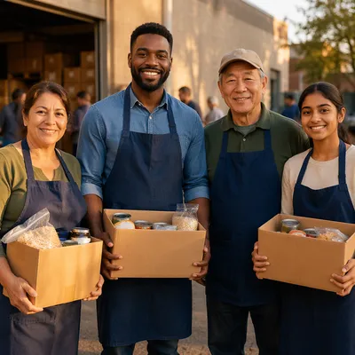 Diverse Volunteers Outside Food Distribution Center