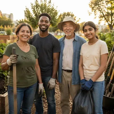 Diverse Volunteers After Garden Cleanup Together