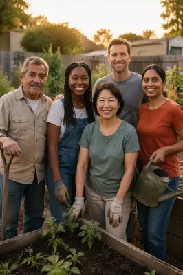 Community Volunteers in Neighborhood Garden Portrait