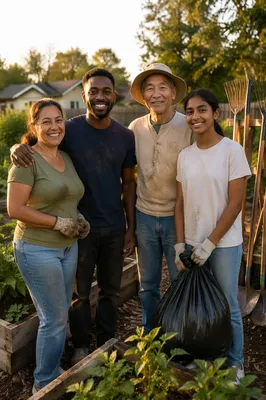 Satisfied Community Volunteers in Neighborhood Garden