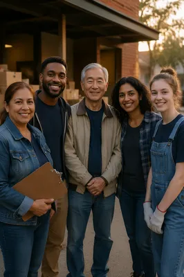 Satisfied Community Volunteers Outside Distribution Center