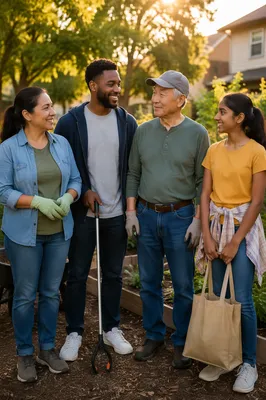 Diverse Volunteers Standing by Neighborhood Garden