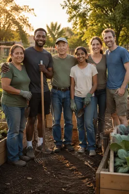 Community Volunteers Portrait in Garden at Sunset