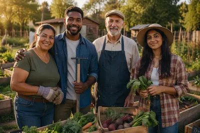 Community Volunteers in Garden at Golden Hour