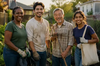 Satisfied Community Volunteers in Neighborhood Garden