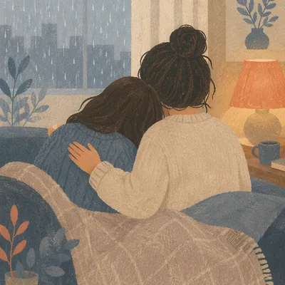 Compassionate Friend Comforting on Rainy Sofa