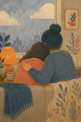 Comforting Friend Embrace on Rainy Afternoon