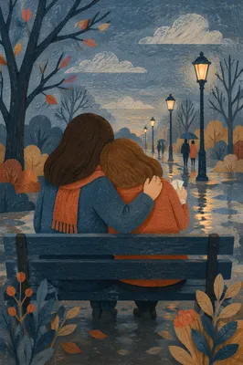 Compassionate Friends Comforting on a Rainy Bench