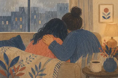 Compassionate Shoulder Hug on Rainy Afternoon