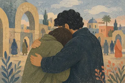 Compassionate Embrace Between Elderly Friends
