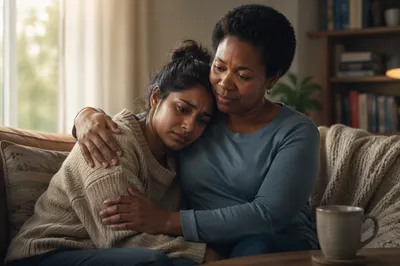 Friend Comforting Crying Woman on Sofa