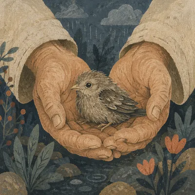 Compassionate Hands Protecting Injured Fledgling