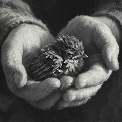 Compassionate Hands Cradling an Injured Fledgling