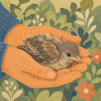 Compassionate Hands Holding Injured Fledgling