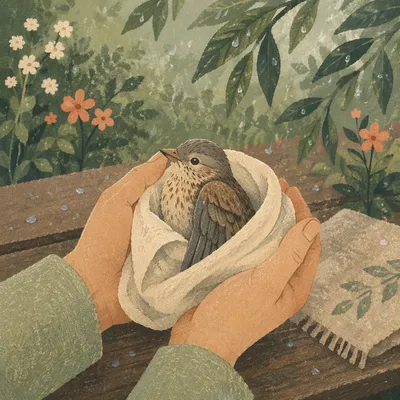 Compassionate Hands Cradling an Injured Bird