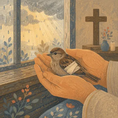 Compassionate Hands Holding a Wounded Sparrow