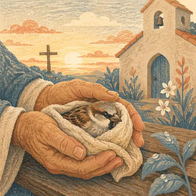 Compassionate Hands Holding an Injured Sparrow