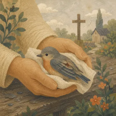 Compassionate Hands Cradling a Wounded Songbird
