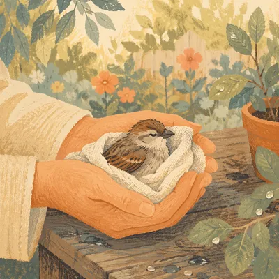 Gentle Hands Holding a Wounded Sparrow