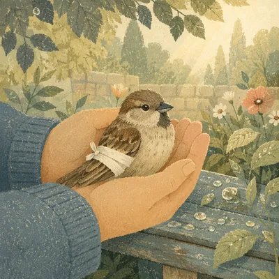 Compassionate Hands Holding a Wounded Sparrow