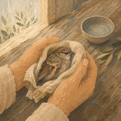 Compassionate Hands Holding a Wounded Sparrow