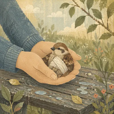 Compassionate Hands Holding a Wounded Sparrow