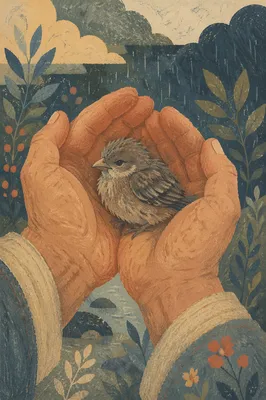 Compassionate Hands Holding an Injured Fledgling