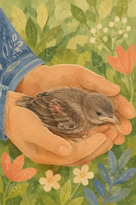 Compassionate Hands Holding Injured Fledgling Bird