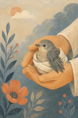 Compassionate Hands Holding Injured Songbird