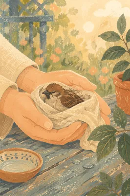 Compassionate Hands Holding a Wounded Sparrow