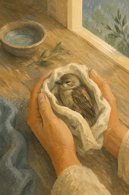Compassionate Hands Holding a Wounded Sparrow