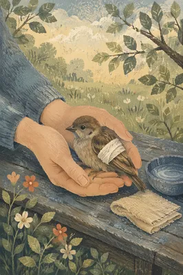 Compassionate Hands Cradling a Wounded Sparrow