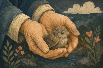 Compassionate Hands Holding an Injured Fledgling