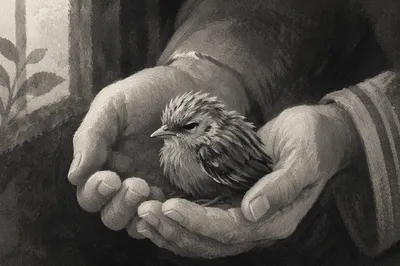 Compassionate Hands Holding Injured Fledgling