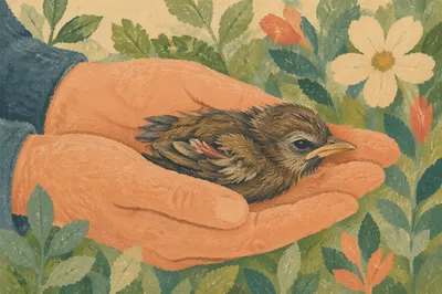 Compassionate Hands Holding Injured Fledgling Bird