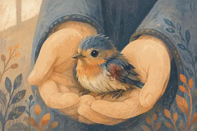 Compassionate Hands Holding a Wounded Songbird