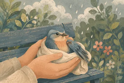 Compassionate Hands Holding an Injured Bird