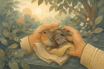 Compassionate Hands Holding an Injured Bird
