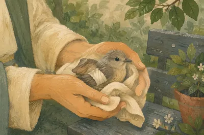Compassionate Hands Holding Injured Bird