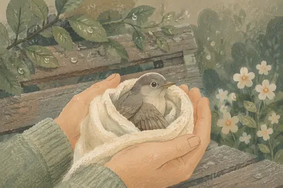 Tender Hands Caring for Wounded Bird