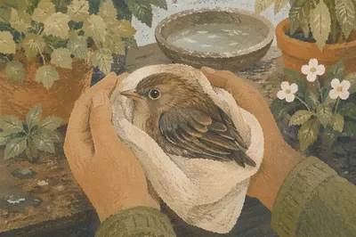 Compassionate Hands Holding an Injured Bird