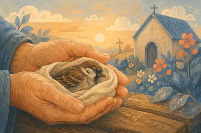 Compassionate Hands Holding Injured Sparrow