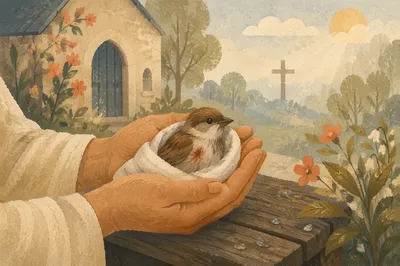 Compassionate Hands Holding a Wounded Sparrow