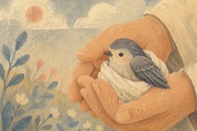 Compassionate Hands Holding Injured Songbird