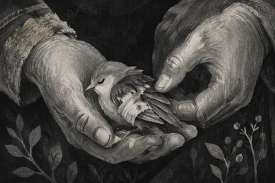 Compassionate Hands Holding an Injured Songbird
