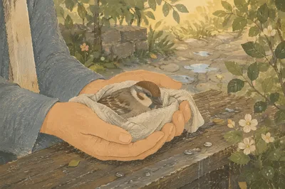 Compassionate Hands Holding Wounded Sparrow