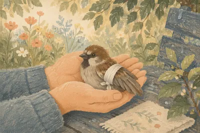 Compassionate Hands Holding a Wounded Sparrow
