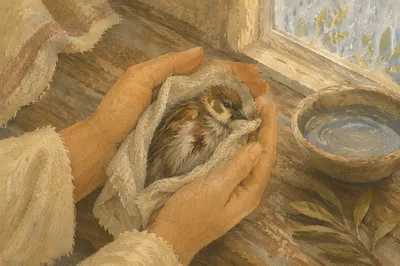 Compassionate Hands Holding a Wounded Sparrow