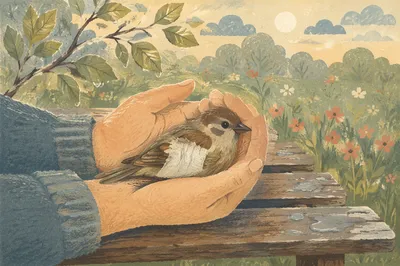 Compassionate Hands Holding Wounded Sparrow