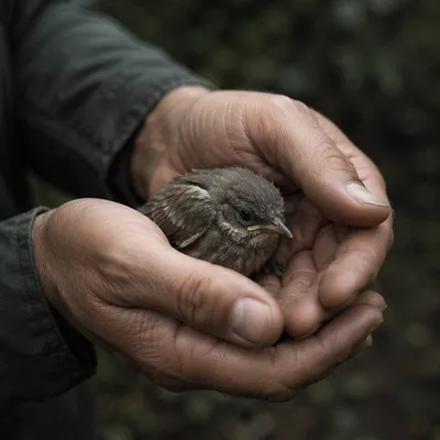 Compassionate Hands Holding an Injured Fledgling